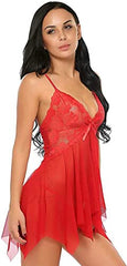 MOMISY Women Sexy Slim Fit Lingerie Transparent Set Underwear Bodysuit Deep Round Neck Spahgetti Back Strap Underwear Babydolls Sexy Lingerie Sleepwear-Red, Ruffle