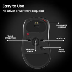 BenQ Zowie EC1-DW Wireless Ergonomic Gaming Mouse for Esports (Large)| 63g Lightweight| 4000Hz Polling Rate with Enhanced Receiver|Driverless Plug & Play - 7 Buttons|PAW 3950 Sensor|Extra Skates