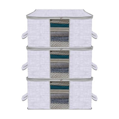 Amazon Brand - Solimo Underbed Storage Bag | Clothes Storage Organizer | Clear Window Blanket Cover | Cloth Organizer With Handle | Jute-Print Design | Large (Grey, Pack Of 3), 65 X 47 X 31 Cm