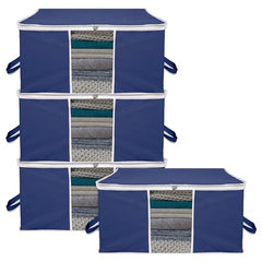 Kuber Industries Non-Woven Underbed Storage Bag|Clothes Storage Organizer|Blanket Cover With Clear Window|Zipper Closure&Handle Cloth Organizer|Plain White Border|Large|Pack Of 6|Royal Blue,32Cm,48Cm