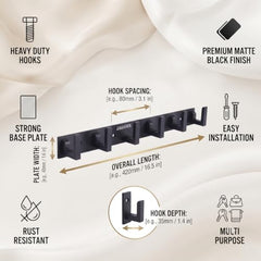 JAGGER JAG334 Wall Mounted Stainless Steel Wall Hooks for Hanging Cloth/Towel Hangers/Door Hangers/Hook Rail/Bthroom Hanger [ Combo Pack of 2 ] (Black, 6 PIN Hook)