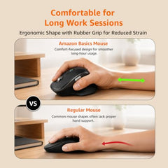 Amazon Basics Ergonomic Wireless Mouse, Bluetooth + 2.4 GHz, Silent Clicks, Side Scroll Wheel, 5 Adjustable DPI Settings up to 4800, Connects up to 3 Devices, Rechargeable, For PC, Mac, Laptop (Black)