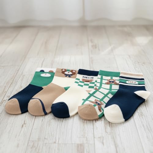 MOMISY 5 Pairs Baby kids Girl Boys Toddlers Infant Children Cotton Stretch Ankle Socks (IN, Age, 3 Year, 5 Years, Navy Green Bear)