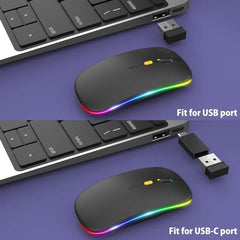 BUYFLUX LED Wireless Mouse, Slim Silent Mouse 2.4G Portable Mobile Optical Office Mouse with USB & Type-c Receiver, 3 Adjustable DPI Levels for Notebook, PC, Laptop, Computer (Black)