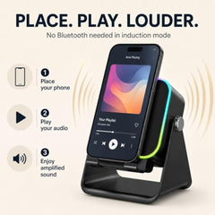 Mobile Induction Speaker with Bluetooth 5.3, Wireless Phone Sound Amplifier & 360° Adjustable Stand, RGB Light, Emergency Charging, Rechargeable Speaker for iPhone, Android & Tablets
