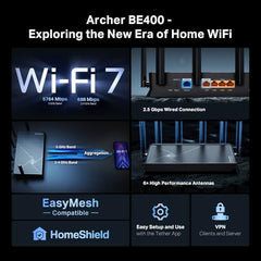 TP-Link Archer BE400 Dual-Band BE6500 WiFi 7 Router | 4K/8K Streaming 6.5 Gbps | 1× 2.5 Gbps WAN/LAN + 3× 1 Gbps LAN Ports + 1× USB 3.0 | 6 Antennas | Compatible with Alexa and Google Assistant