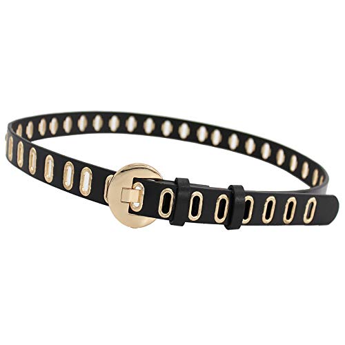 SYGA Women's Gold Oval Eyelet Belt Round Button Jeans Belt(Black)