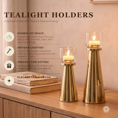 Behoma Handcrafted Golden Tea Light Candle Holders Set of 2 | Premium Metal & Glass Candle Stand | Centerpiece for Living Room, Coffee Tables & Home Decor Gift (Candles Not Included)