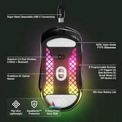 SteelSeries Aerox 3 Wireless Gen 2 - Ultralight 68g Gaming Mouse, 4K Polling, 26K DPI Optical Sensor, 200 Hours Battery Life, IP54, 80 Million Clicks, RGB, Pure PTFE Gliding Feet, Shadow