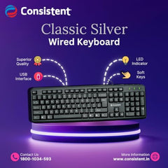 Consistent Classic Silver Wired Keyboard (SK101) for Windows, USB Plug-and-Play, Full-Size, Spill-Resistant, Curved Space Bar(Black)