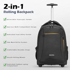 NOVEX 30L Pacific Laptop Trolley Bag with Spinner Wheels for Men & Women | 15.6 Inch Water Resistant 3 Compartments Backpack for Office, Business Trips & Travel | Black