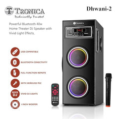 TRONICA Dhwani DJ 40Watt Bluetooth Tower Speaker | Bass-Boosted Party DJ Speaker & Home Theater Sound System with Wired Mic, FM, USB, AUX, TV, Remote,Wireless Music Streaming for Karaoke Night, Music