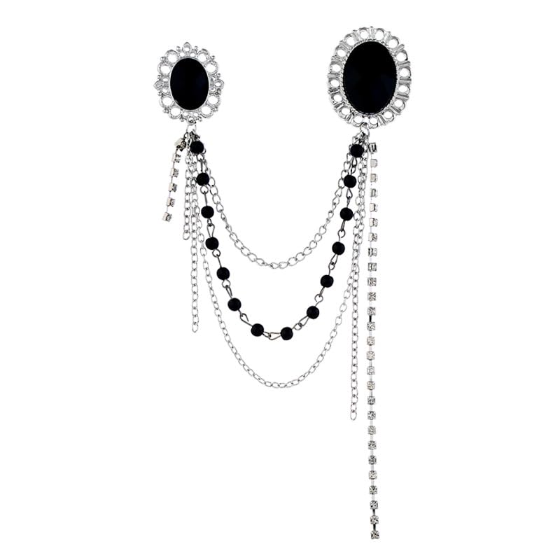 SYGA Men's & Women Suit Shirt Stud Lapel Pin Chain Tassel Brooch Pin with Black Gemstone chain