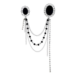 SYGA Men's & Women Suit Shirt Stud Lapel Pin Chain Tassel Brooch Pin with Black Gemstone chain