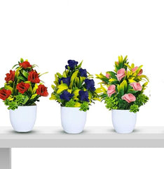 Asharya® Artificial Flower Plants for Home Décor – Set of 4 Mini Potted Plants (7 Inch) in White Pots | Pink, Yellow, Red & Blue Faux Flowers for Living Room, Office, Indoor Outdoor Decoration