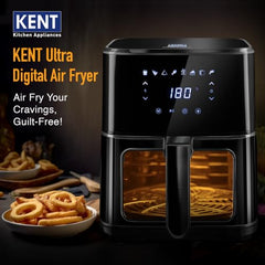 KENT Digital Air Fryer 5L | 1400W | Bake, Grill & Roast | Up to 80% Less Oil Usage | 8 Preset Menu | Rapid Heat Circulation | Digital Display & Touch Control Panel | Glass Window with in built Light
