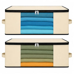 Kottify Cotton Canvas Clothes Storage Bags Pack of 3 | Saree Covers with Zip | Wardrobe Organizer for Women’s Dresses, Sarees & Lehengas | Breathable Fabric Storage Bag with Window (17 x 14 x 7 Inch)