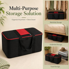 DALUCI Underbed Storage Bags for Clothes Pack of 4 Large Moisture Proof Organizer with Zipper Non Woven Foldable Storage Bag for Blanket Saree Wardrobe 54 x 46 x 26 cm (Black & Red - Large, 4 Pack)
