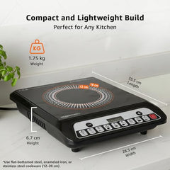 Amazon Basics 1600W Induction Cooktop | 7 Pre-Set Cooking Menus | LED Display | Smart Push Buttons I Energy Efficient, Auto Cut-off, 20A IGBT & 4KV Surge Protection I Black