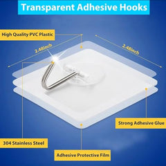 Hooks for Wall Without Drilling, 10 Pack Self Adhesive Hooks for Wall Heavy Duty Rotate Strong Nail Free for Hanging Photo Frame (Hanging Hook, Transparent)