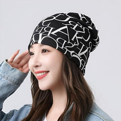 MOMISY Women Unisex Winter Beanie Hat & Neck Warmer | Knitted Multifunctional Scarf Cap with Letter Print | Warm Pullover Hat (in, Alpha, Free Size, AlphabetBlack)