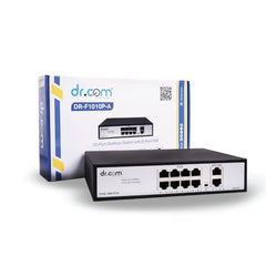 dr.com® 10 Port PoE Switch with 8 PoE Ports and 2 Gigabit Uplink Ports 10/100/1000 Mbps 120W Power IEEE 802.3af/at for CCTV IP Camera Network Switch Plug and Play Metal Body Black