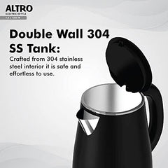 Havells Electric Kettle Altro 1250 Watts 1.5 liters, Double Layered Cool Touch Outer Body | 304 Rust Resistant SS Inner Body with Auto Shut Off | Wider Mouth | 2 Yr Manufacturer Warranty (Black)