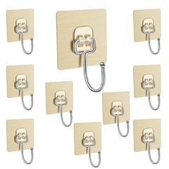 AMIQUS 10 Pcs Hevy Duty Self Adhesive Hook for Hanging Kitchen Item and Other Stainless Steel, Gold Waterproof, Strong Towels, Keys, Utensils,Robes Double-Sided Transparent (Double Claw V Shape)