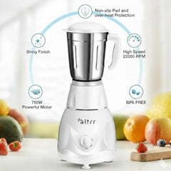 750 Watt Mixer Grinder for Daily Kitchen Use, 2 Stainless Steel Jars, Powerful Turbo Motor, 3 Speed Control, Compact ABS Body