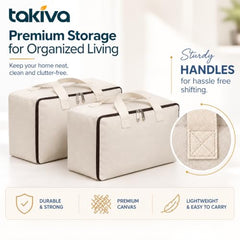 TAKIVA Cotton Canvas Foldable Bed Storage Organizer Pack Of 4 | Quilt Storage Bags Big Size, Blanket Storage Of Extra Large, Underbed Storage Bag For Clothes (60 X 45 X 22 Cm), Off-White