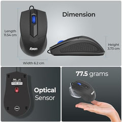 Foxin Glance Grey Wired USB Mouse | 1200 DPI Optical Sensor | Ergonomic & Lightweight (68g) with 3-Button | Plug & Play | 1.2M Cable | Silent Buttons | Wired Mouse for Laptop, PC, Desktop & Office Use