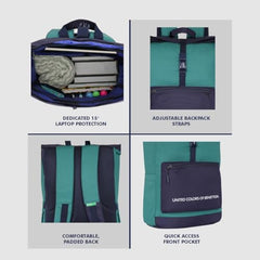 United Colors of Benetton Grand Slam 30L Roll-Top Backpack - Blue+Navy Color | Fits 14-inch Laptop | Secure Buckle Closure for Travel & Gym with 1-Year Warranty