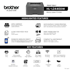 Brother HL-L2440DW (New Launch) Auto Duplex Laser Printer, 30 PPM Print Speed, LCD Display, 64 MB Memory, (WiFi Wireless LAN USB), 250 Sheet Paper Tray, 3000 Pages Inbox Toner, Free Installation