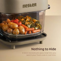 Nester Home Cook Glass Air Fryer 6.2 Ltr with 6mm Borosilicate Glass bowl and SteamLock™ Technology | 1600 W | 9 Smart Presets | Auto Clean Function | 100% Toxin Free | 3-year Warranty | Dalgona Brown