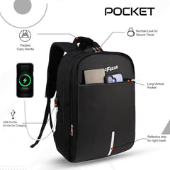 F Gear Omega Black 25L Laptop Backpack with USB Charging Port & Number Lock | 2 Compartments & 1 Pocket | Anti-theft, Durable, Comfortable & Water-Resistant bag for Men Women, Fits Upto 17 Inch Laptop