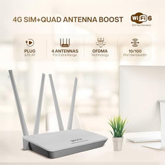 Geonix Wireless Router 4G Mobile Sim Based Router with 4 Antenna, Plug and Play, Wide Coverage Range, Wi Fi Range Upto 150 Meteres, Easy Installation with Ethernet Port (White)