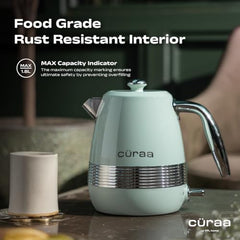 CÜRAA Retro Electric Kettle 1.8 Litre | Water Kettle Electric with 304 Stainless Steel Body, Auto Shut-Off, Detachable Lid, Dry-Boil Protection, 360° Base & Cool-Touch Handle | Green | 2000 W
