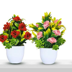 Asharya® Artificial Flower Plants for Home Décor – Set of 4 Mini Potted Plants (7 Inch) in White Pots | Pink, Yellow, Red & Blue Faux Flowers for Living Room, Office, Indoor Outdoor Decoration