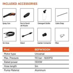 BLACK+DECKER BEPW1600 1300W 1600 PSI 110 Bar Pressure Washer for Car, Bike, Home & Garden Cleaning Use with Multiple Accessories Included, 1 Year Warranty, Orange & Black