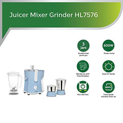 Philips HL7579/00 600 Watt Turbo Juicer Mixer Grinder with 3 Jars -Blend and Carry, Nutri Juicer Jar, Multi Purpose jar
