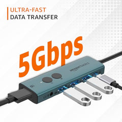 Amazon Basics Pro Series 6-in-1 USB HUB, USB-C PD 3, HDMI (4k@60Hz), USB 3.0-5 GBPS Data Transfer Speed, Aux 3.5, Docking Station with Instant Screen- On/Off and One-Click Mute Button (Turquoise)