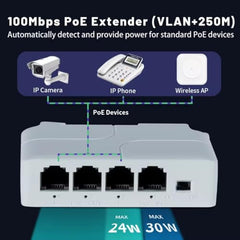 COOLCOLD 4 Port PoE Extender With 1 In 3 Out, Repeater Support IEEE802.3af/at, 100Mbps Ethernet Powered Passthrough Switch, Extend 100m(328ft), Wall and Din-Rail Mount (White)
