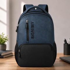 BIGBERRY Rodeo 2.0 Leatherite Faux Leather Laptop Backpack for Men & Women | Water Resistant 2 Compartment Casual Daypack | 15.6 Inch Laptop Bag for Office, College, Travel & Daily Use, Navy Blue