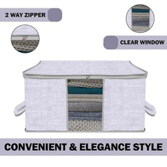 Amazon Brand - Solimo Underbed Storage Bag | Clothes Storage Organizer | Clear Window Blanket Cover | Cloth Organizer With Handle | Jute-Print Design | Large (Grey, Pack Of 3), 65 X 47 X 31 Cm
