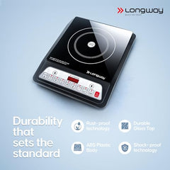 Longway Elite Plus IC 2000 Watt Induction Cooktop with Auto Shut-Off & Over-Heat Protection With 8 Cooking Mode & BIS Approved | 2 Years Warranty | (Black, Push Button)