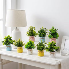 amazon basics Artificial Potted Plants, Artificial Plastic Eucalyptus Plants Small Indoor Potted Houseplants, Small Faux Plants for Home Decor Bathroom Office Farmhouse (Set of 8)
