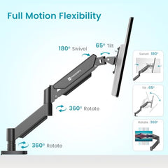 Portronics Aerolift Solo Gas Spring Monitor Arm, Desk Mount for 13–32 Inch Screens, VESA 75x75 & 100x100 mm, Full Motion Tilt/Swivel/Rotation, C-Clamp & Grommet Installation, Aluminium Build
