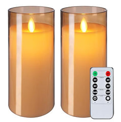 Flameless LED Pillar Candle Set of 2 | Acrylic Fiber Glass | Dancing Faux Wick | Remote Control with Battery Operated 3 AA | Home Décor & Gifting | 3" D x 6" H | Red