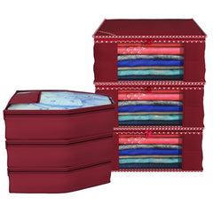 Kuber Industries Clothes Organizer For Wardrobe (Pack of 3 Each) 2-in-1 Combo Storage Organizer For Saree and Blouse - Dress Organizer For Wardrobe - Saree Covers With Zip (Maroon)