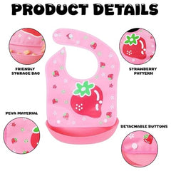 MOMISY Baby Bib For Newborn Waterproof Silicone Apron Wipeable Stain Resistant With pocket For 6 months and up (Pink-Strawberry)
